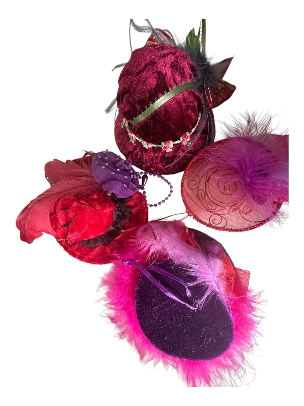 Red Hat Society Assorted Feathered Mini Fascinator Ornaments - Pink & Purple